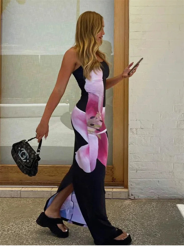 Elegant Printed Backless Long Dress Summer Women's Fashion Contrast Color Party Dress Patchwork Suspender Long Dress 2024 New