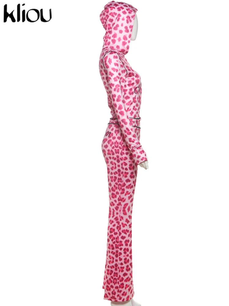 kliou Popular Leopard Women 2 Piece Set Trend Letter Print Hooded Long Sleeve Zip-up Tops+Matching Pants Female Trend Streetwear