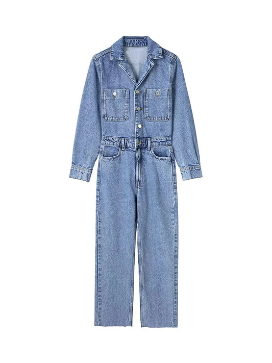 2023 New Woman Jeans Jumpsuit Long Sleeves High Waist jeans Bodysuit Notched Fashion Playsuit Jumpsuits