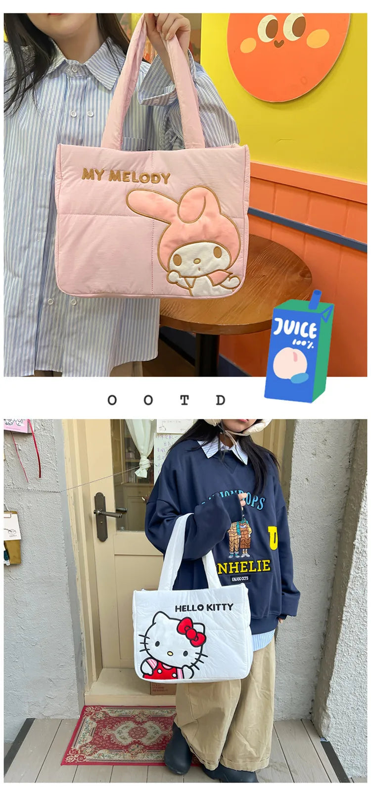 Sanrio Kawaii Hello Kitty Kuromi Tote Bags Cute My Melody Pochacco Cartoon Down Cotton Large Capacity Shoulder Bag Gifts Girls