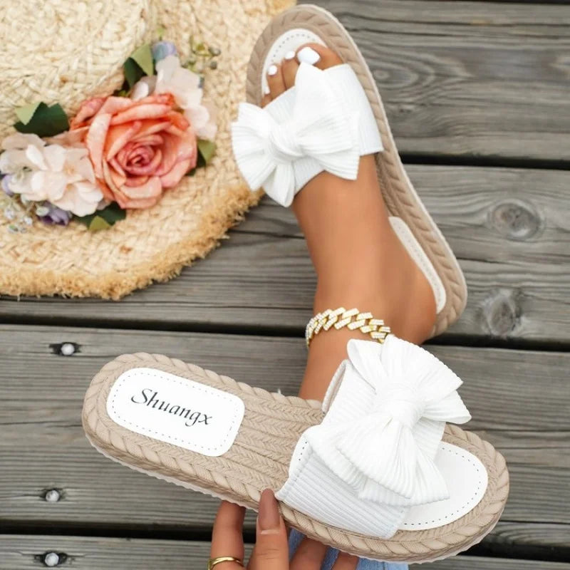 Women's Slip-On Flat Sandals Feature a Soft Sole and Upper Design, And Decorated with Bow Details, Both Stylish and Versatile