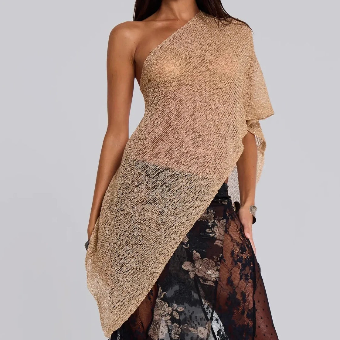 Asymmetrical Women's Knit Sheer Crop Tops Summer One Sleeve Slash Neck Trendy Irregular T-shirt