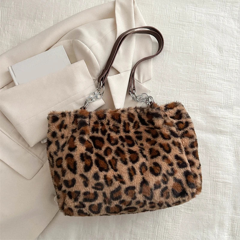 National Style Simple Women Leopard Tote Bag Lady Luxury Fluffy Shoulder Bag Chain Large Capacity Commuter Handle Bag