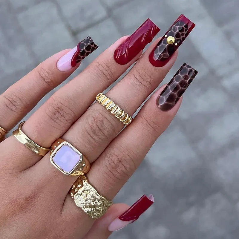 24Pcs Long Square Press on Nails Leopard Print French 3D Cherry Design False Nail Rhinestone Wearable Full Cover Fake Nails Tips