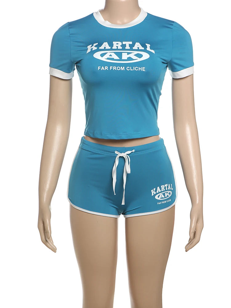 Weird Puss Activity 2piece Set Women Tracksuit Shorts Sleeve Crop Tops+Biker Shorts Letter Print Matching Street Stretch Suits