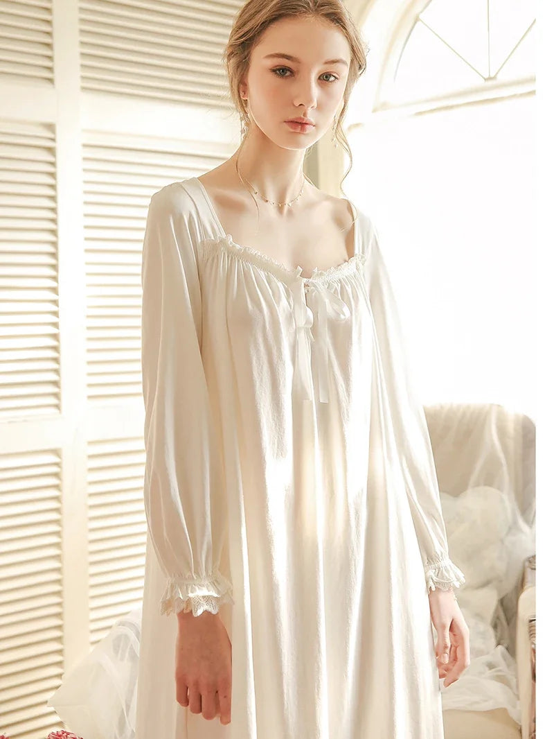Women Cotton Spring Nightgowns Vintage Princess Nightdress Long Sleeve Loose Pajama Dress Ruffles Lace-up Victorian Sleepwear