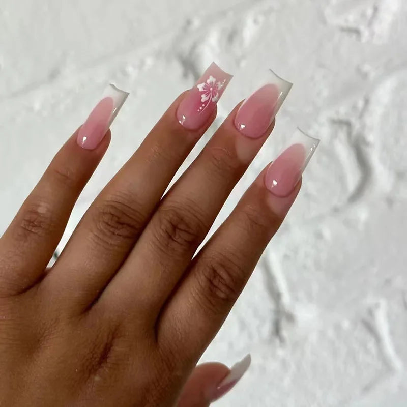 24pcs White French Ballet Fake Nails with Pink Bow Design Sweet Girl False Nails Wearable Ins Simple Pearl Decor Press on Nails