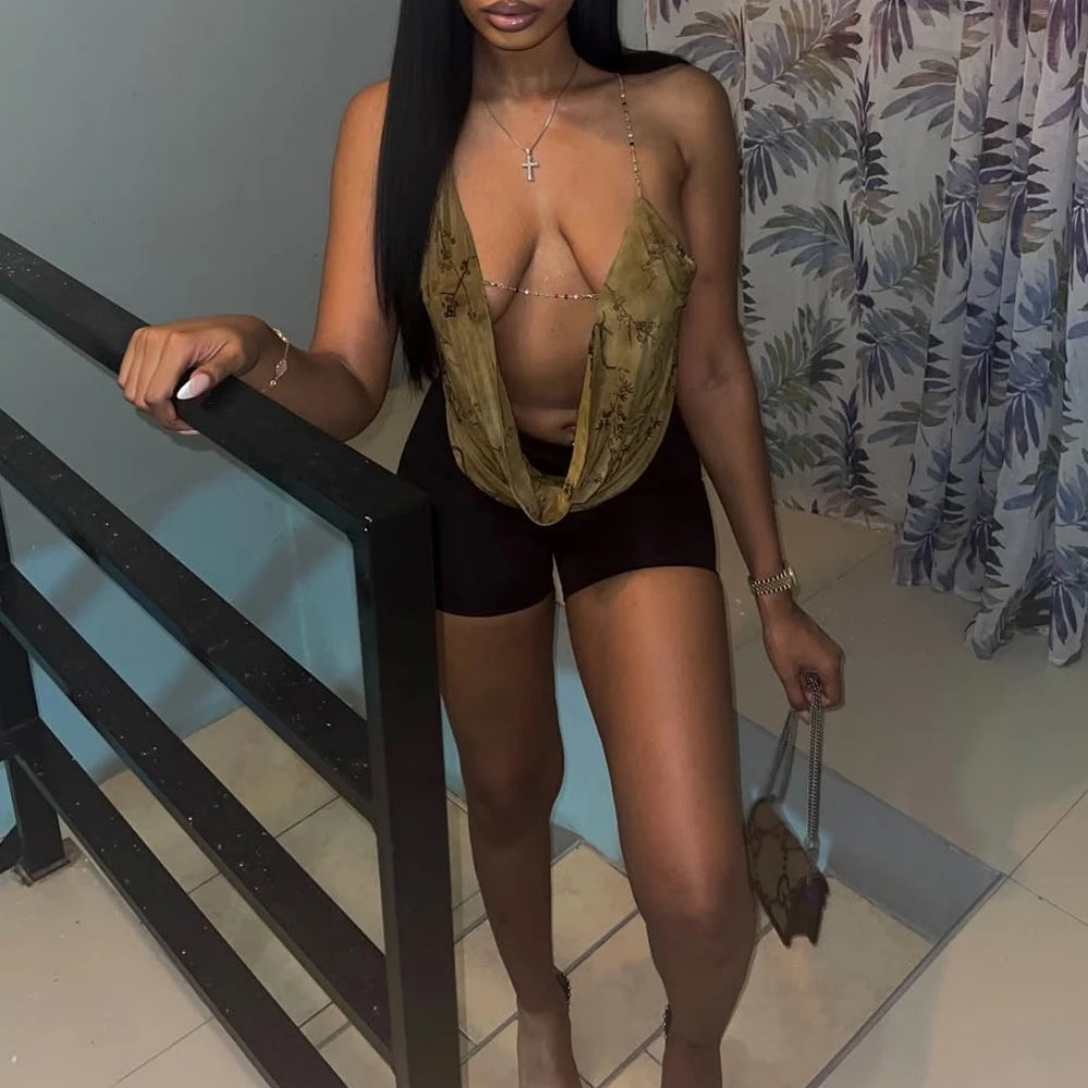 HLJ&GG Sexy Pattern Print Hollow Halter Two Piece Sets Women Deep V Backless Top And Shorts Outfits Fashion Y2K Streetwear Trend