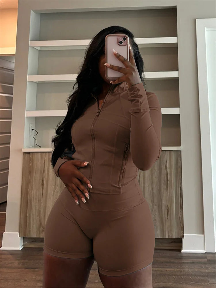 Weird Puss Casual Sporty 2 Piece Set Women Classic Tracksuit Cardigan Full Sleeve Jacket+Stretch Waist Skinny Shorts Trend Suits
