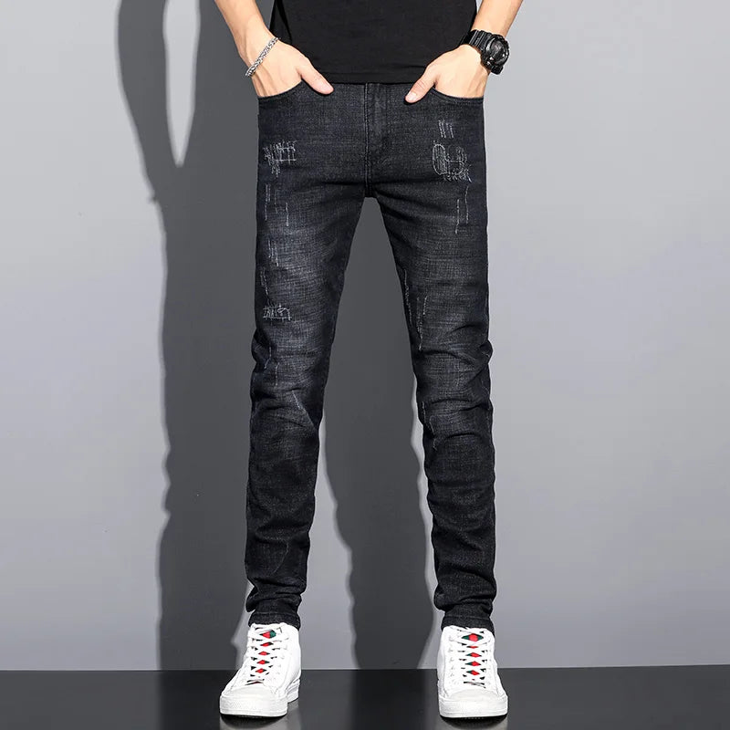 2025 Summer Thin Jeans Men's Korean Edition Fashion Trend Straight Leg Shorts Embroidered Cowboy Pants Black Blue Grey