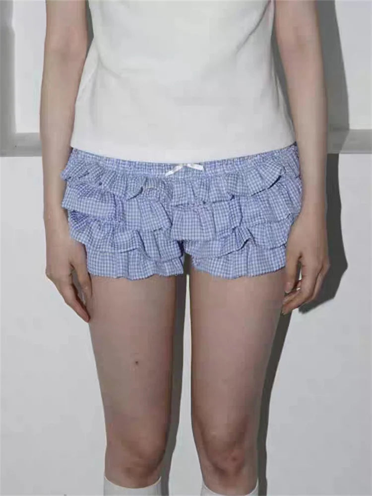 Weird Puss Y2K Tierred Shorts Women Summer Low-waist Plaid Sweet Cake Style Skinny Culotes Street Hottie Trend Party Clubwear