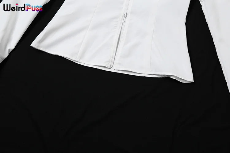 Weird Puss Casual Women 2Piece Set Autumn Trend Skinny Simple Daily Long Sleeve Crop Tops+Puffy Skirt Streetwear Matching Outfit