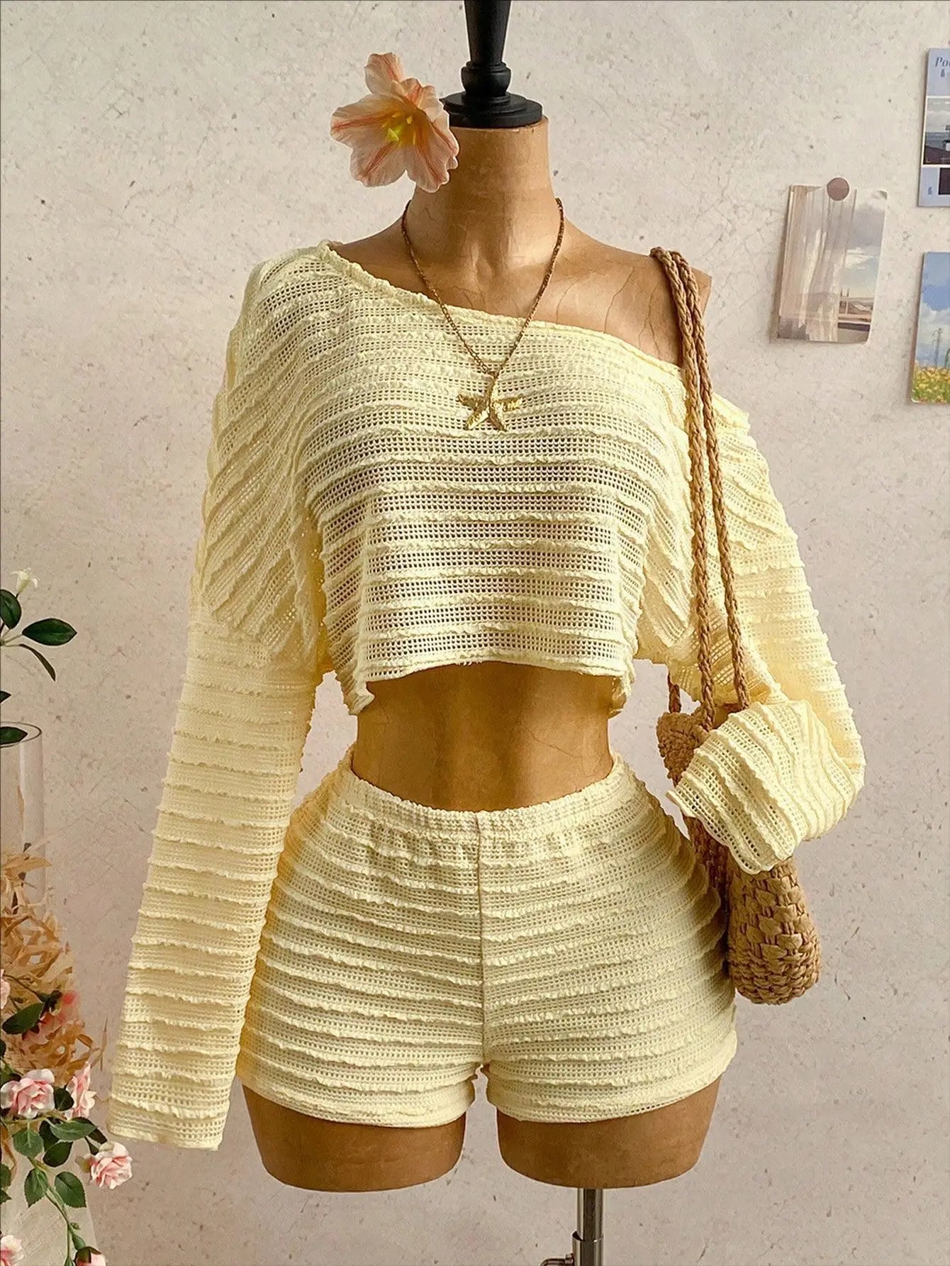 Two Piece Set Women Outfit 2026 Spring Summer New Slanted Collar Long Sleeve Crop Top & High Waist Casual Vacation Shorts Set