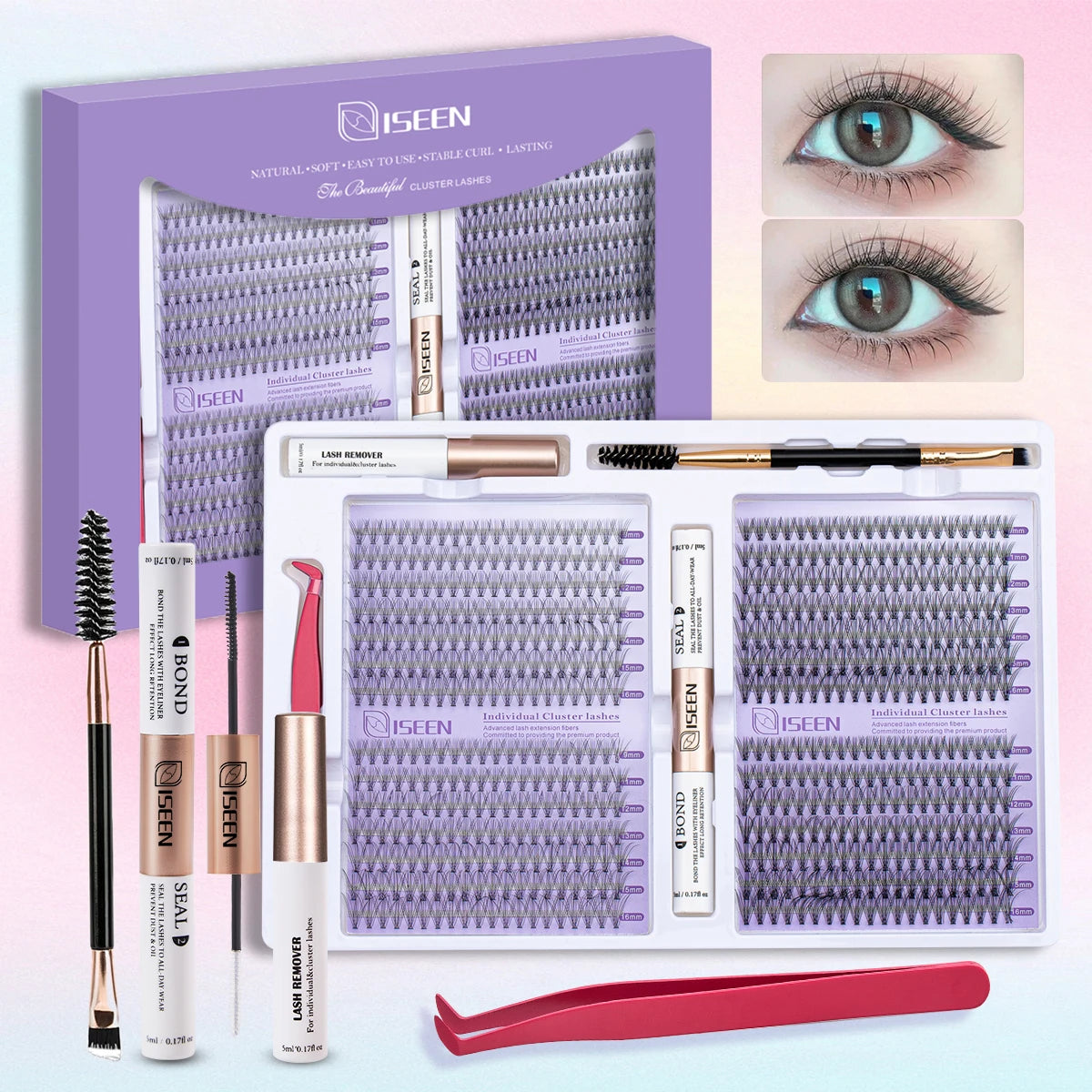 ISEEN DIY Eyelash Extension Kit Cluster Mix Eyelashes Full  Lashes Kit with Lash Bond & Seal and Eyelash Tweezers and Brush