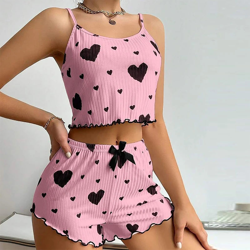 Cherry Temptation Home Love Print Flowing-Sleeve Short Pants for Casual Wearing, Women's Sleepwear Set