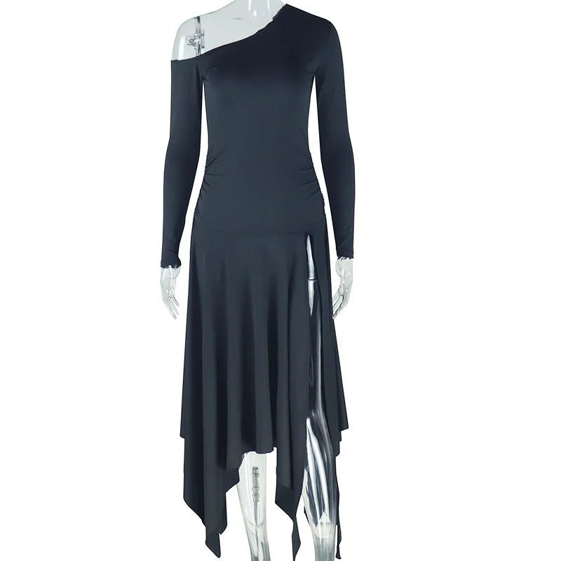 Weird Puss Ruched Asymmetry Dress Women Diagonal Collar Skinny Full Sleeve Ruffles Slits Hem Midnight Hottie Club Trend Outfits