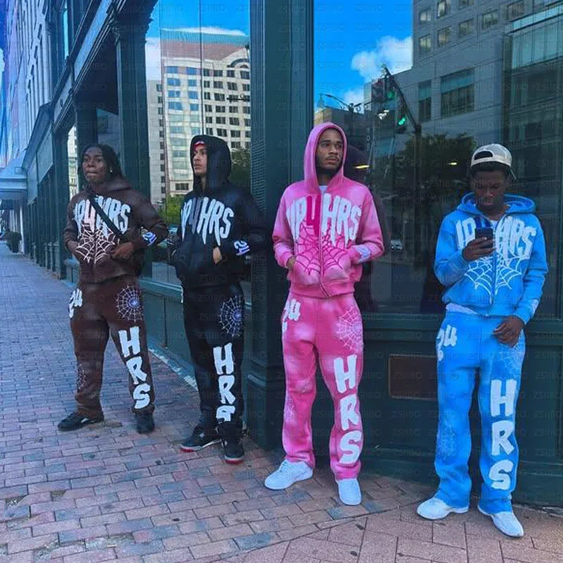 Retro Patch Spider Web Print Zipper Hoodie Y2K Sweatshirt Mens Hip Hop Letter Oversized Hoodie Jacket Clothes Streetwear Jacket
