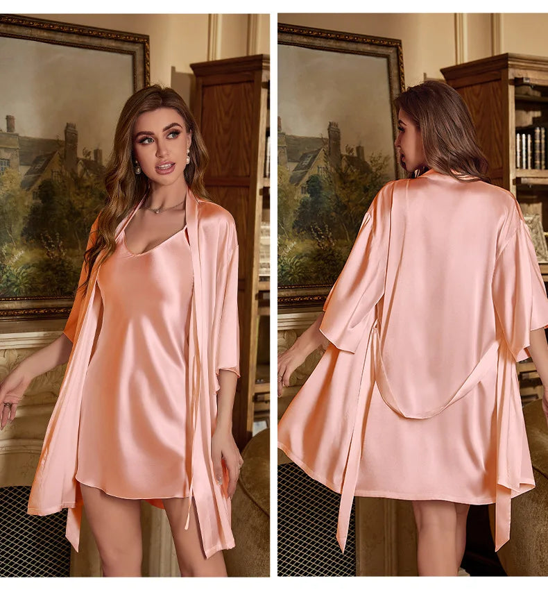 Silk Satin Women Nightgown Set Sleeveless V Neck Dress & Quarters Sleeves Waist Belt Robe 2 Pieces Female Sleepwear Nightwear