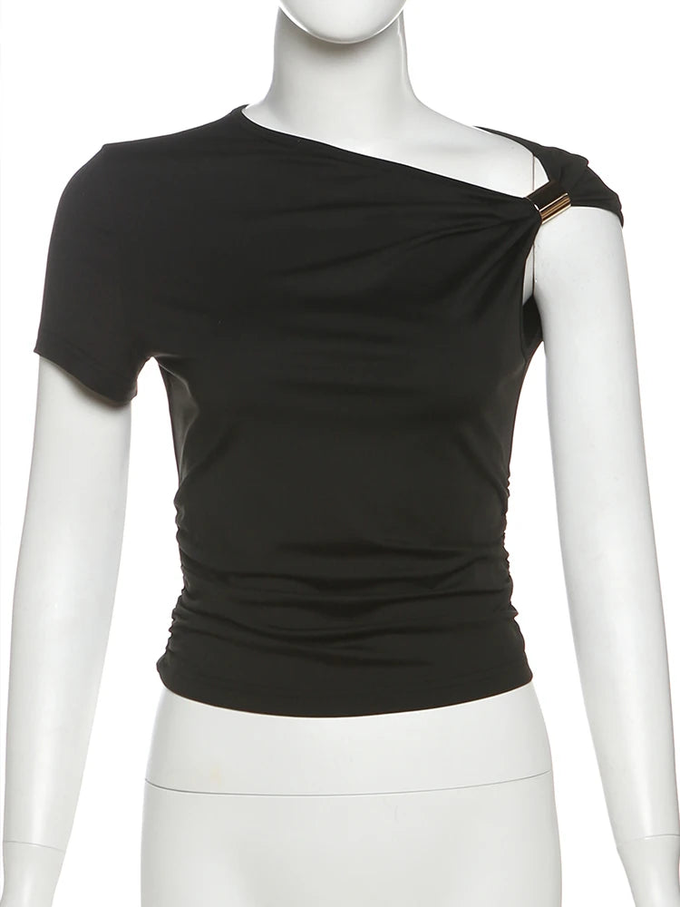 Weird Puss Irregular Off Shoulder T-Shirts Women Ruched Fashion Skew Collar Single Sleeve Daily Casual Solid Simple Streetwear