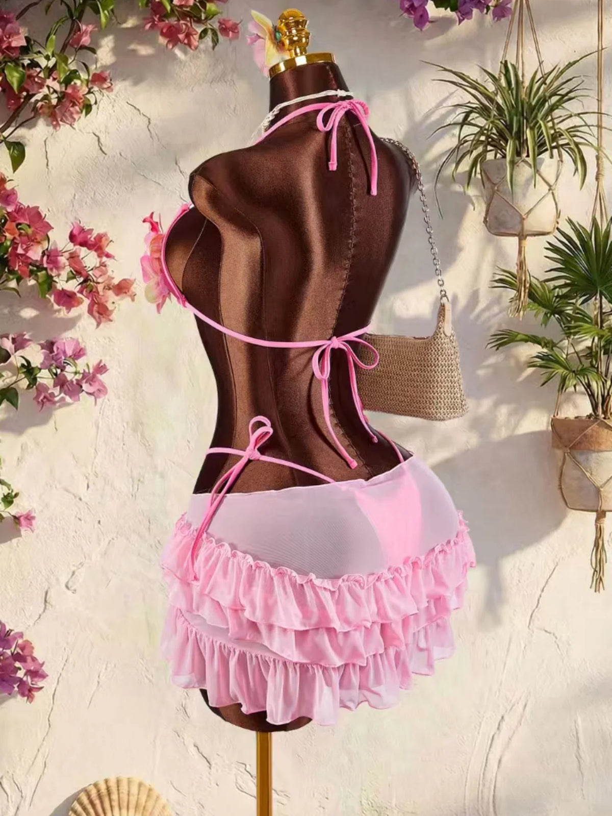 Sexy Pink 3D Floral Bikini Set Women Mesh Ruffle Cover Up 3 Piece Swimsuit 2026 Summer Push Up Bra Bathing Suit Holiday Swimwear