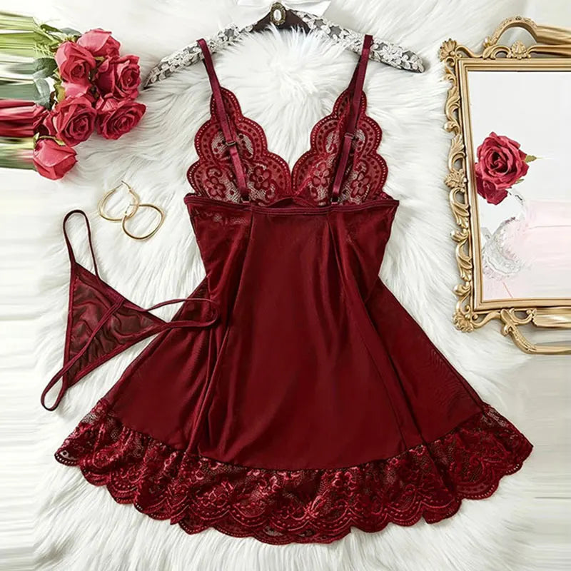 Deep V Lace Push Up Erotic Lingerie Pajamas Set Summer Thinly Woman Nightgown Hot Night Dress Sexy Bra Plus Size Sleepwear Thong