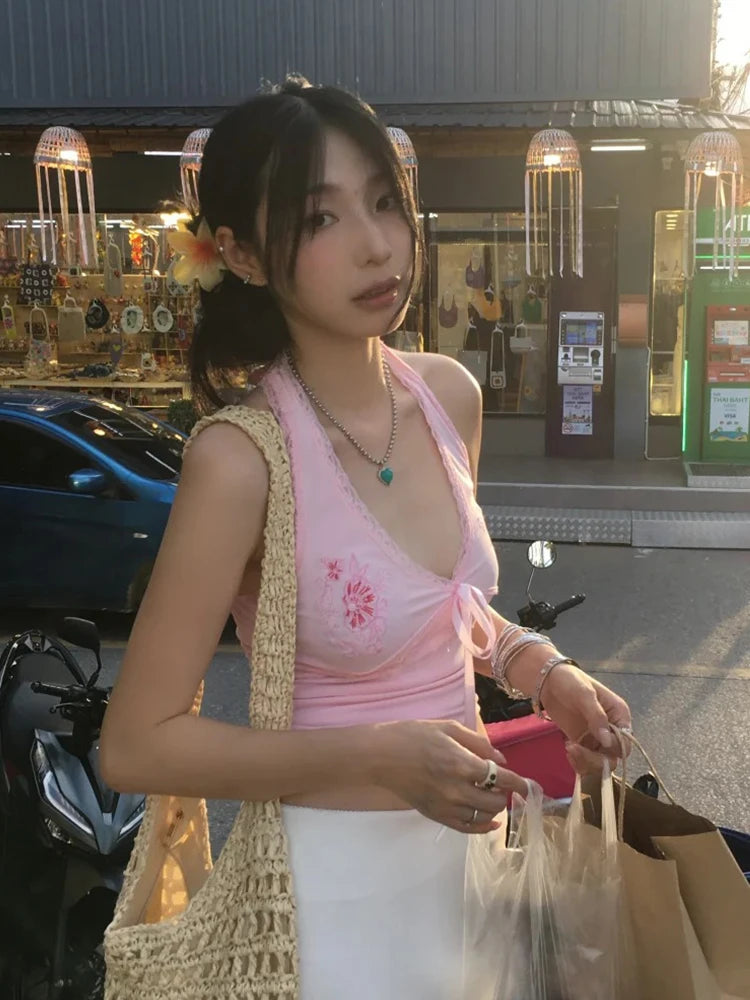 Tonngirls Y2k Fairycore Tank Tops Women Lace Print Graphic Tops Sleeveless Japanese 2000s Camis E-girls Streetwear Halter Tops