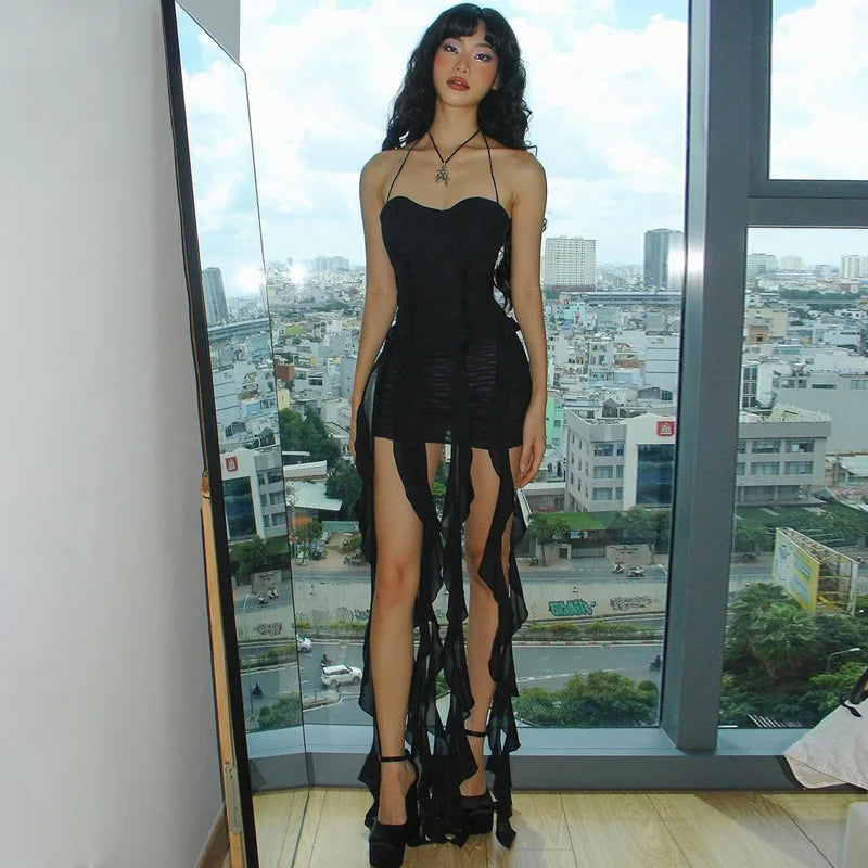 Summer New Y2K Sexy Hot Girl One-shoulder Jellyfish Style Fungus Sexy Breast-wrapped Irregular Dress