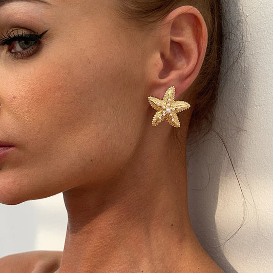Ingemark Boho Imitation Pearl Metal Starfish Stud Earrings for Women Punk Gold Color Piercing Earrings Aesthetic Summer Jewelry