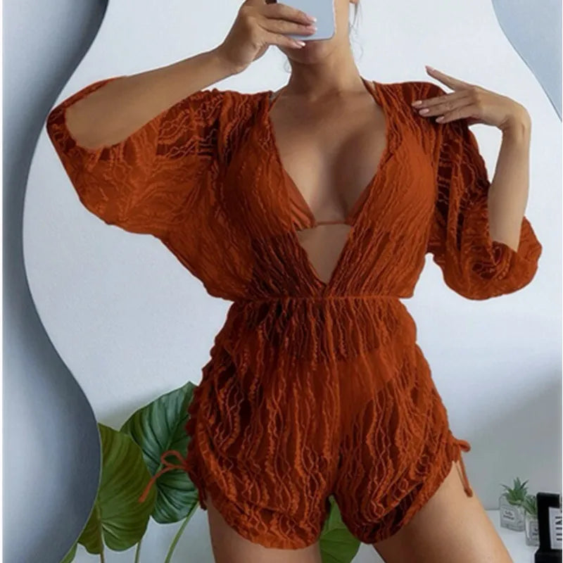 Sexy 3 Pieces Swimsuit Tropical Print Swimwear Halter Lace-Up Micro Bikini Set+Drawstring Bodysuit Cover Up Beachwear Tankinis