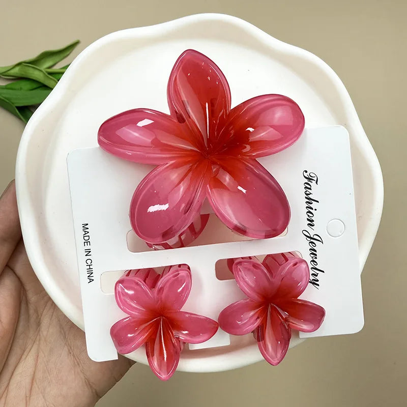 3Pcs Sweet Colorful Plumeria Flower Shark Clip Hair Claw Bohemian Ponytail Clip Plastic Hairpin Barrette Summer Hair Accessories