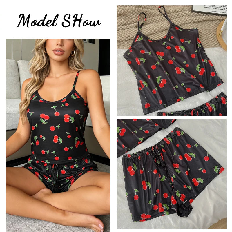 Women's Summer Printed Cami Sleeveless Top and Shorts Pajama Sets Female Soft Breathbale Nightwear Adjustable Belt Sleepwear New
