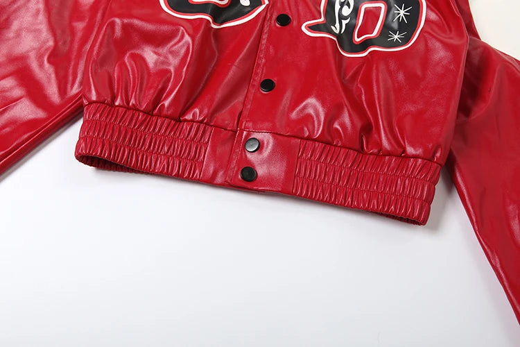 Weird Puss PU Patchwork Crop Jacket Woman Uniform Letter Print Full Sleeve Single-Breasted Cardigan Skinny Single-Button Coat