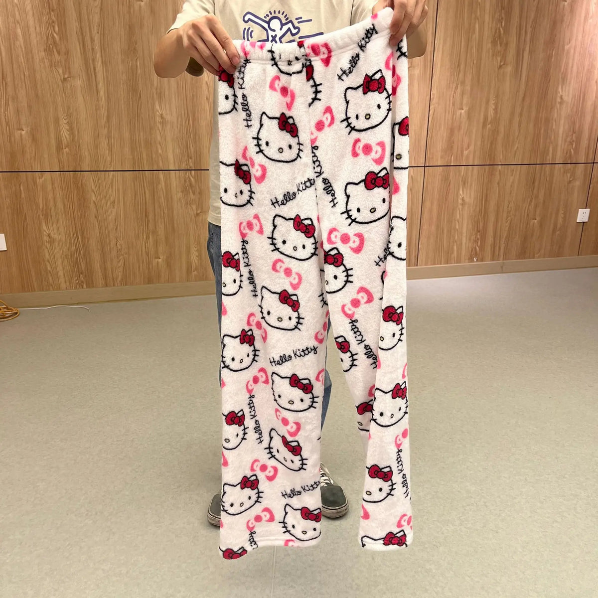 Sanrio Hello Kitty Soft Flannel Wide Leg Pajama Pants Printed Casual Home Loungewear For Women Daily Sleeping Relaxing Wear