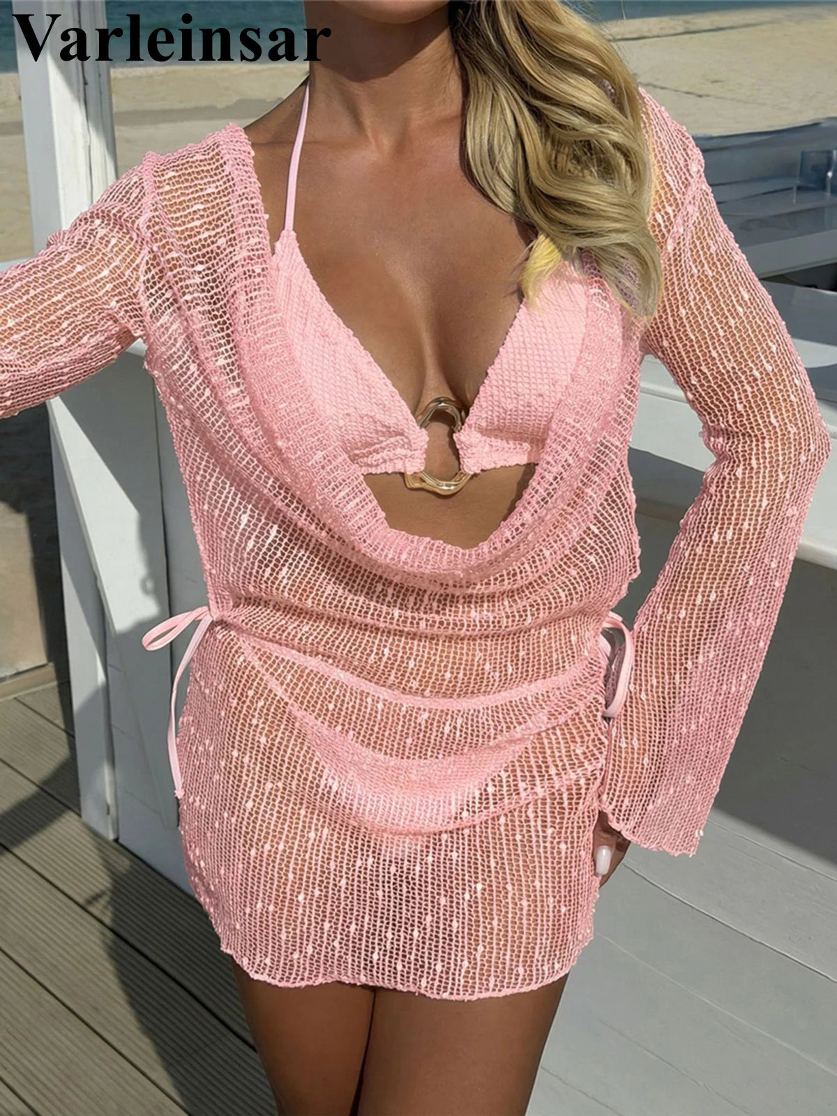 Sexy With Long Sleeve Dress Halter Bikini Women Swimwear Female Swimsuit Three-pieces Bikini set Bather Bathing Suit Swim V7925