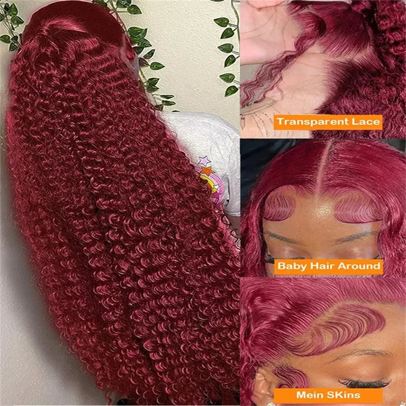 30 40 Inch 99J Burgundy 13x6 Hd Lace Frontal Human Hair Wig Red Colored 13x4 Transparent Lace Curly Deep Wave Frontal Wig