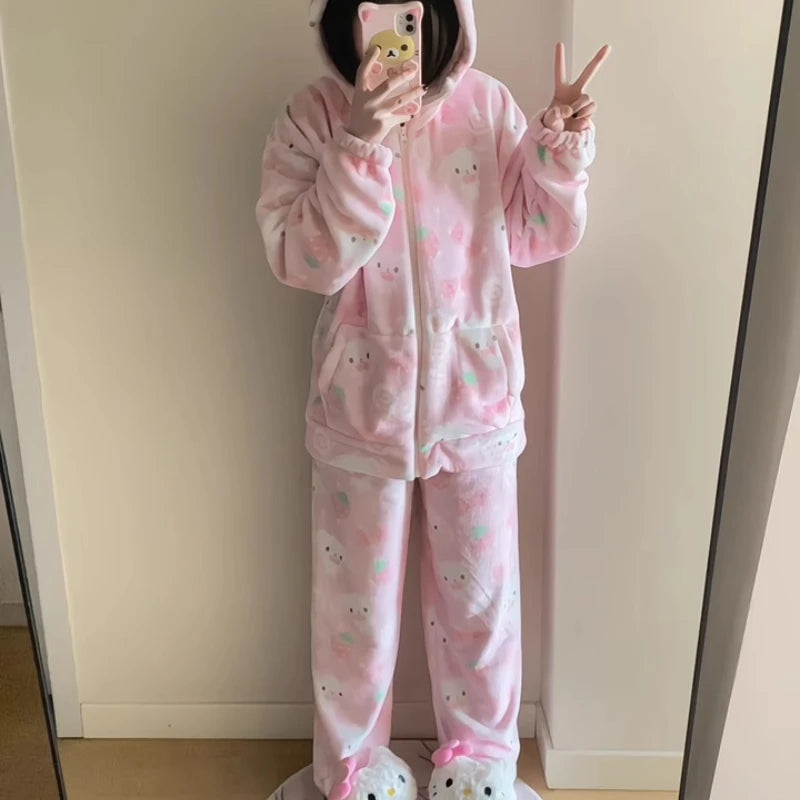Japanese New Winter Sweet Cute Cartoon Rabbit Flannel Pajamas Set Daughter Girls Pink Thickened Loungewear Women's Sleepwear