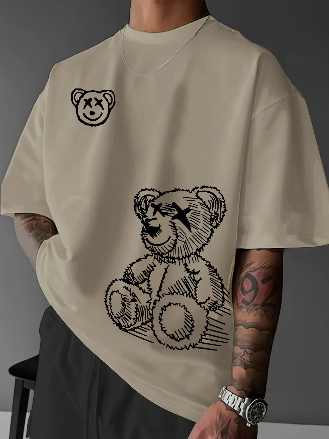 Summer Men's  Pure Cotton Casual Sports Loose and Fashionable Cartoon Bear Pattern Printed Round Neck Short Sleeved T-shirt