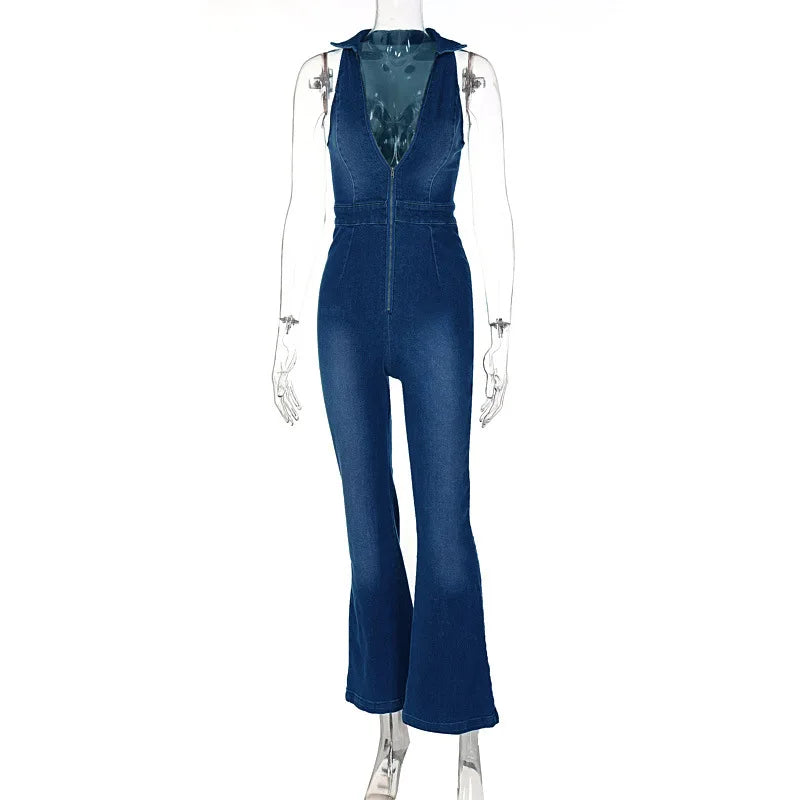 Weird Puss Cotton Elegant Denim Jumpsuit Women Sleeveless Zipper Fashion Hipster Casual High Street Wide Legs Activewear Outfits