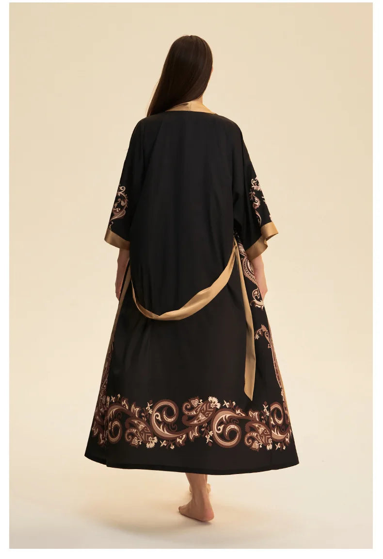 Plus Size Print Flower Long Robe Kimono Gown New Female Sleepwear Bathrobe Home Dress Loose Silky Satin Night Clothes Loungewear