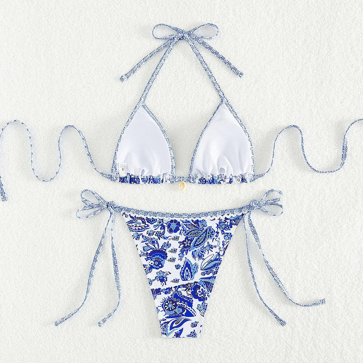 Vintage Blue Floral Print Swimwear Halter String Triangle 3 Piece Bikini Set Cover Ups Sexy Swimsuit Women 2026 Bikinis De Muejr