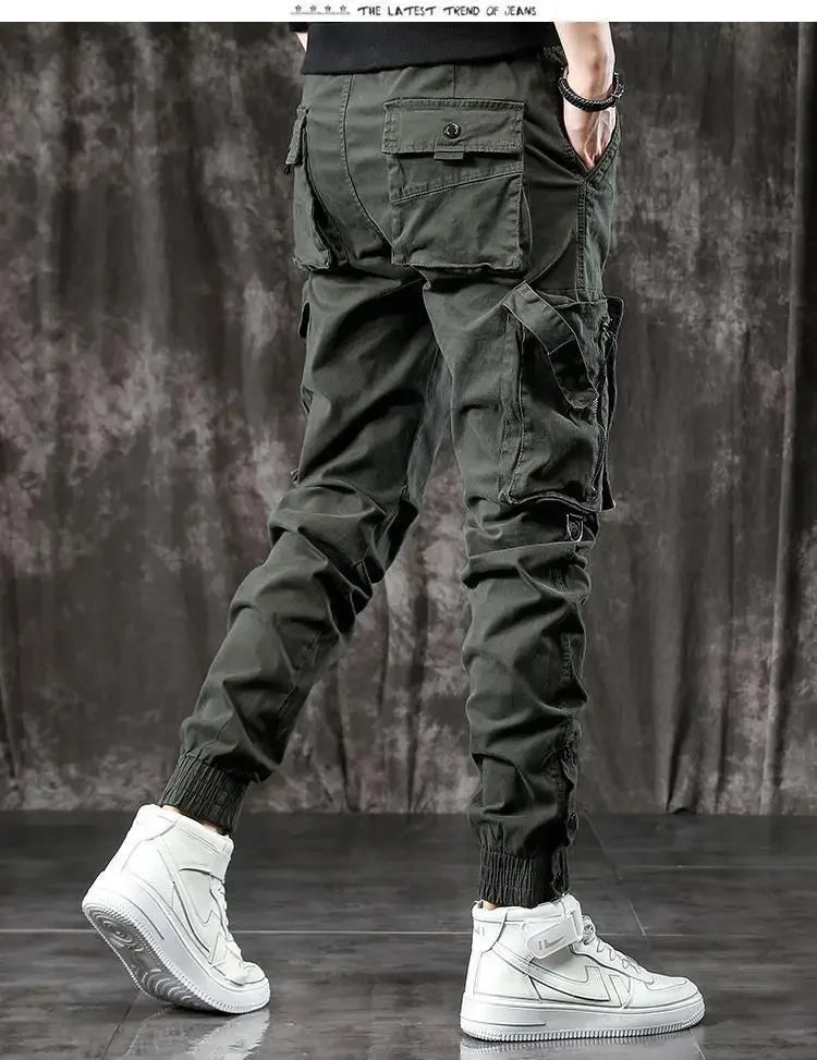 Trendy Men's Spring Autumn Cargo Pants Slim Fit Casual Style Loose Fit American Style Multiple Pocket Small Foot Pants Black
