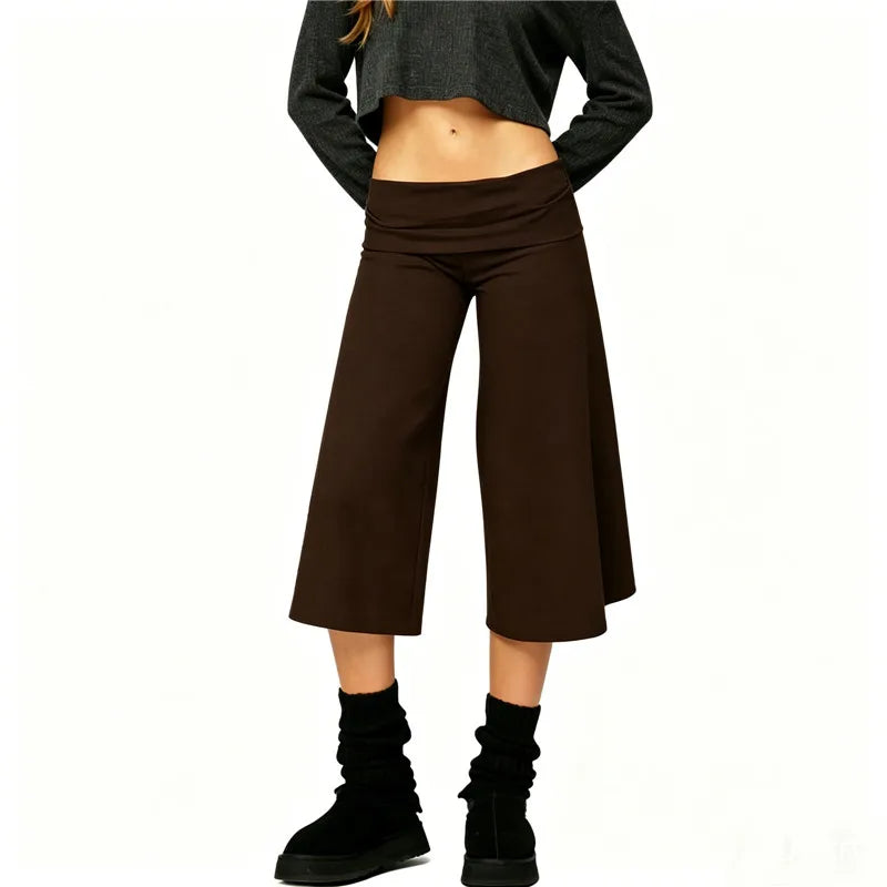 Y2K Women's Low Waist Wide Leg Capri Pants Fold Over Waist Flare Cropped Pants Casual Solid Color Summer Streetwear Trousers