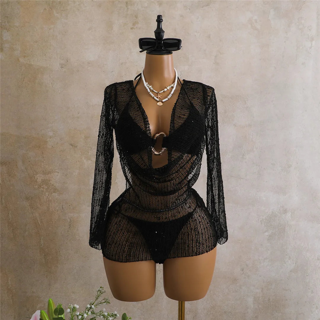 Sexy With Long Sleeve Dress Halter Bikini Women Swimwear Female Swimsuit Three-pieces Bikini set Bather Bathing Suit Swim V7925