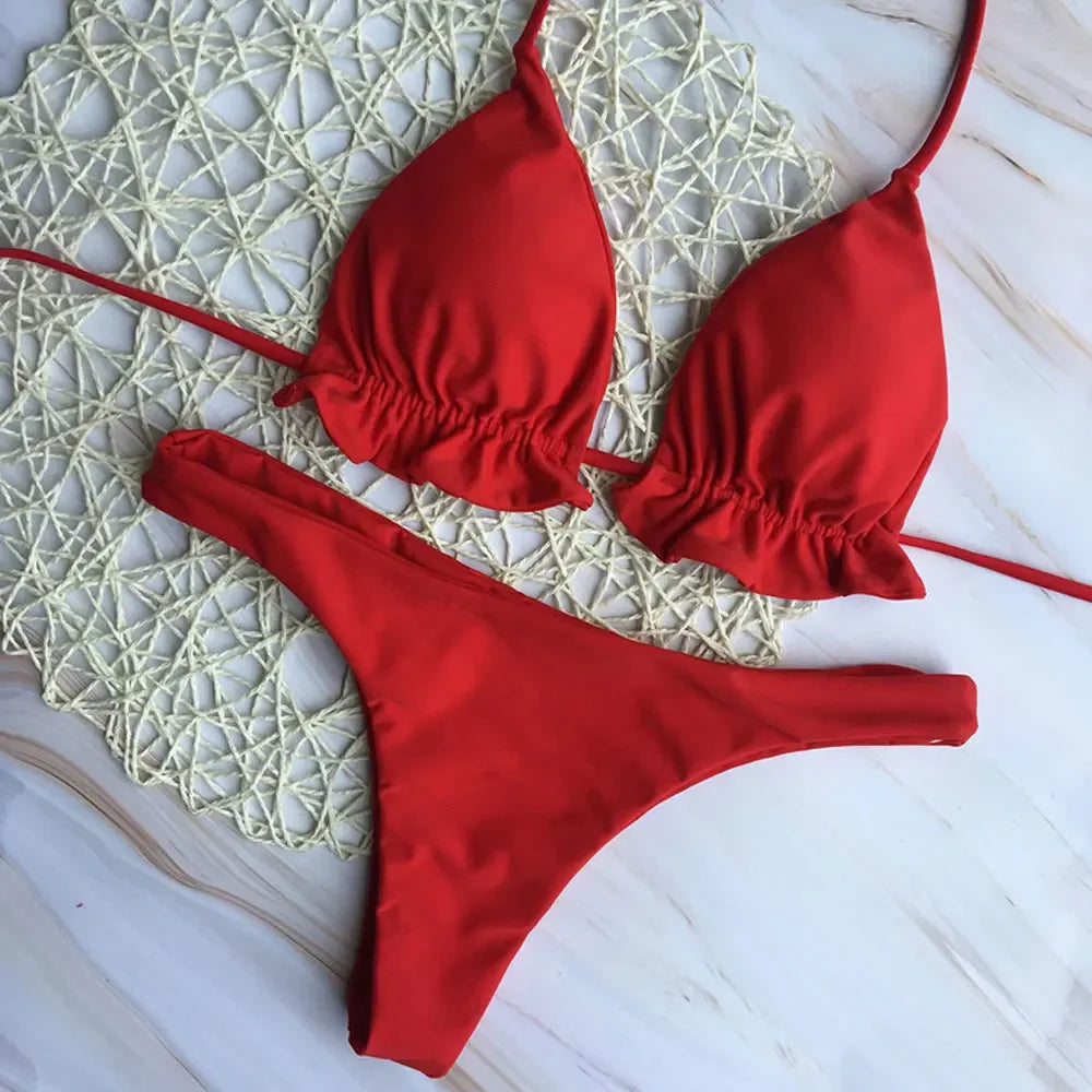 Summer Brazilian Bikini Set Women Sexy Bandage Top Thong Bottom Set Push-up Swimwear Lace Up Swimsuit Beachwear