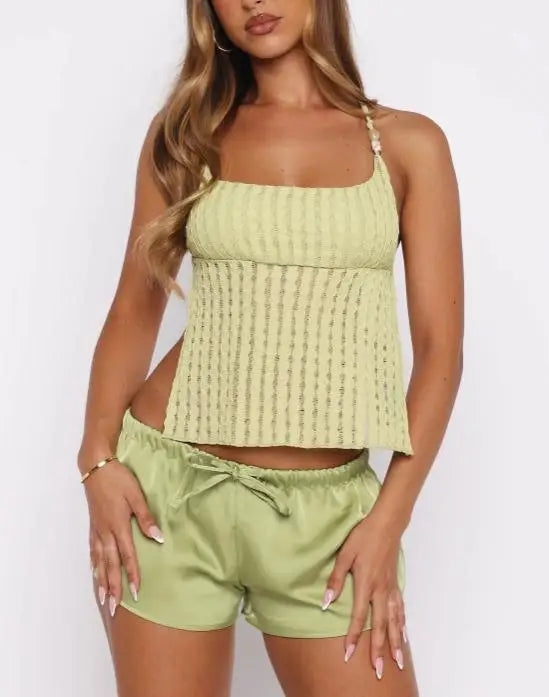 Summer New Sexy Casual Elegant Fashion Vacation Style Polka Dot Jacquard Square Collar Backless Lace Up Cross Suspender Top