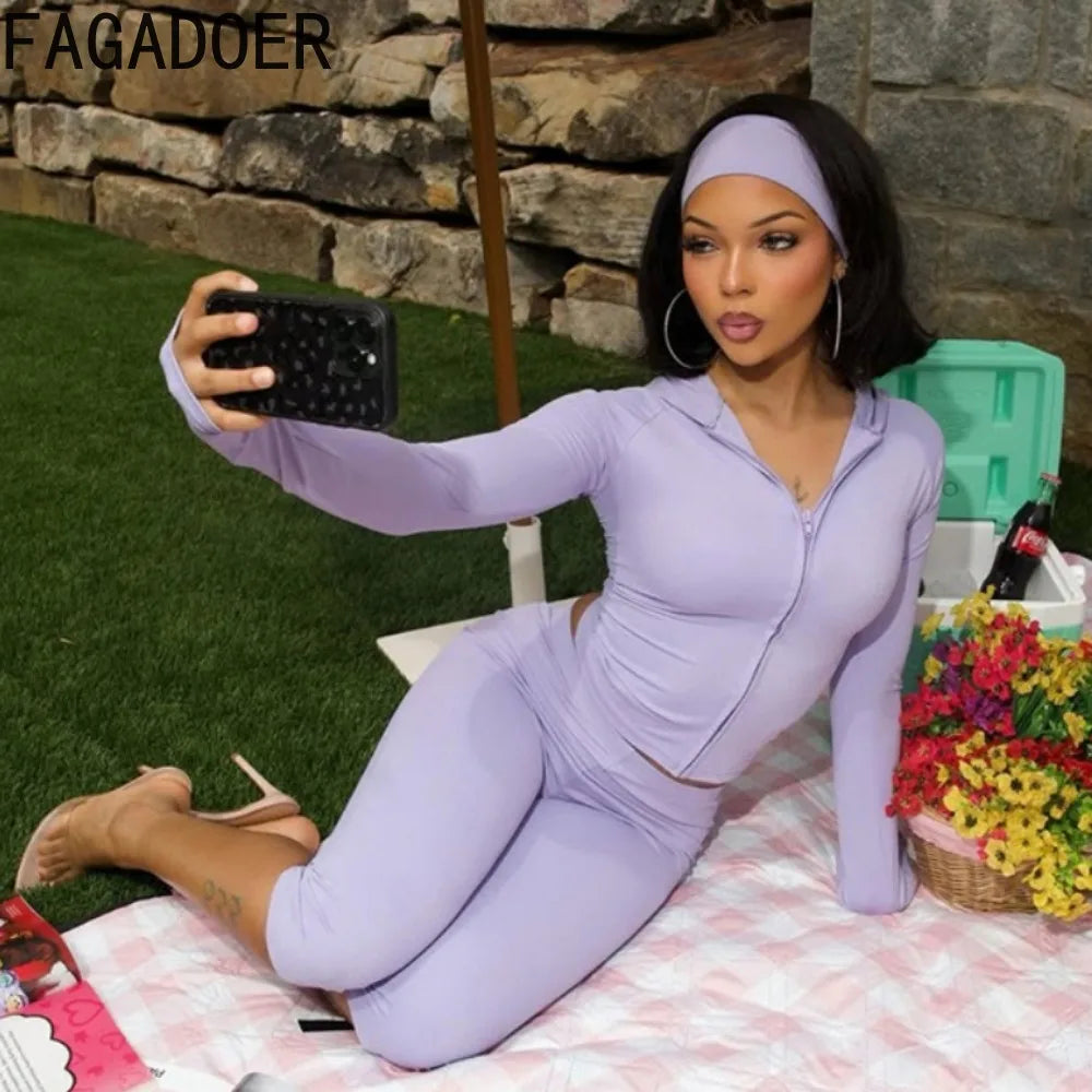 FAGADOER Casual Sporty 3 Piece Sets Fashion Solid Hooded Zip Up Long Sleeve Crop Top Capri Pants Headbands Matching Tracksuits