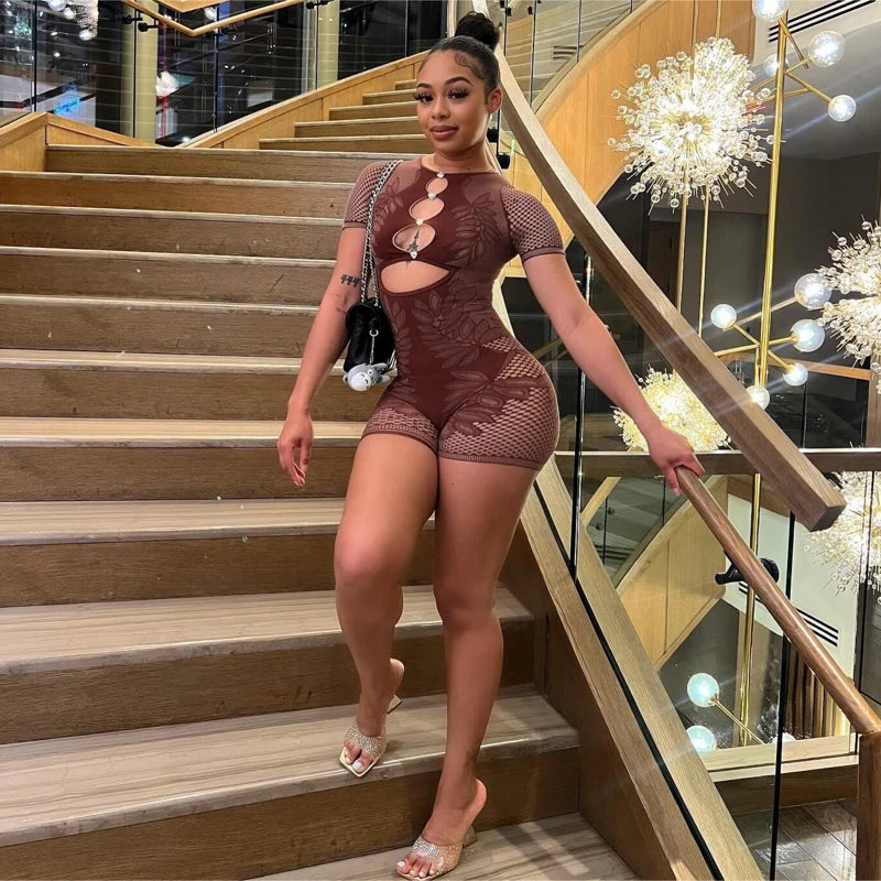Weird Puss Hollow Diamond Playsuits Woman Summer Sexy Short Sleeve O-Neck Sport Knit Casual Comfortable Streetwear Skinny Romper