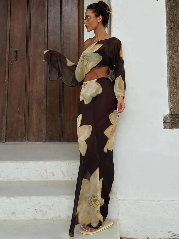 Kliou Floral Print 2 Piece Set Woman Skew Collar Full Sleeve Navel Exposed Tops+Elastic Waist Long Skirts Vacation Elegant Suits