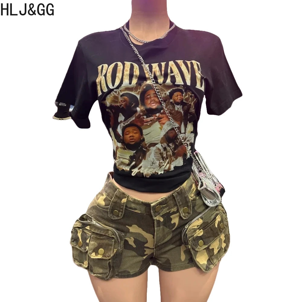 HLJ&GG Y2K Fashion Graphic Tshirts Two Piece Sets Women O Neck Short Sleeve Loose Top And Camouflage Pocket jeans Shorts Outfits