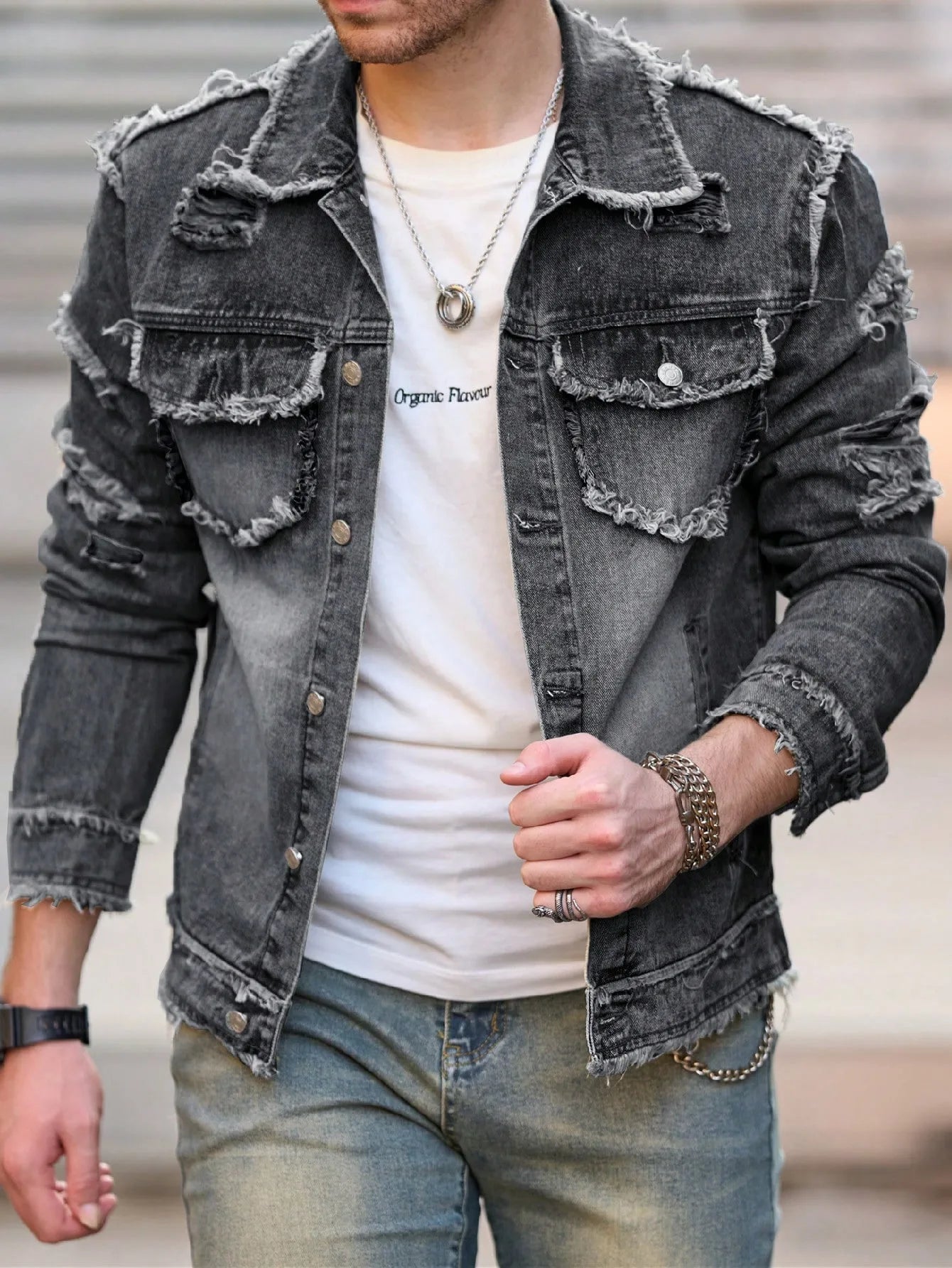1pc Men's U2K Minimalist Style Ripped Raw Edge Ripped Casual Denim Jacket, Stylish Design for Everyday Wear Flight Jacket Denim